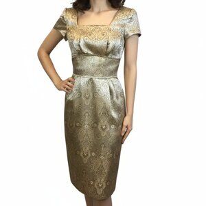 Vintage Style Gold Satin Brocade Dress Size 6 Cocktail Party Sheath w/ Pockets
